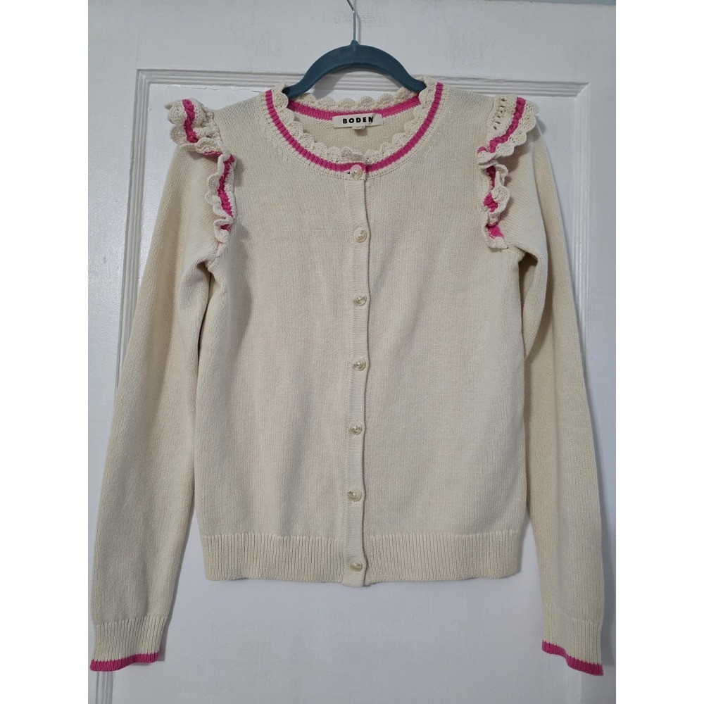BODEN‎ Frill Shoulder Cotton Cardigan Beige Pink Size XS